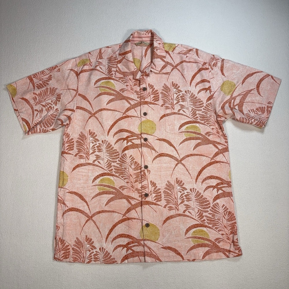Tommy Bahama 100% Silk Shirt Men M Pink Botanical Moon Loop Collar Hawaiian Camp